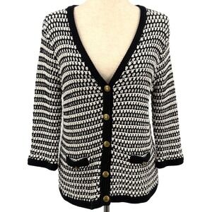 Cabi Womens Cardigan L Black Cream Parisian Crochet Knit Textured Boucle Coastal